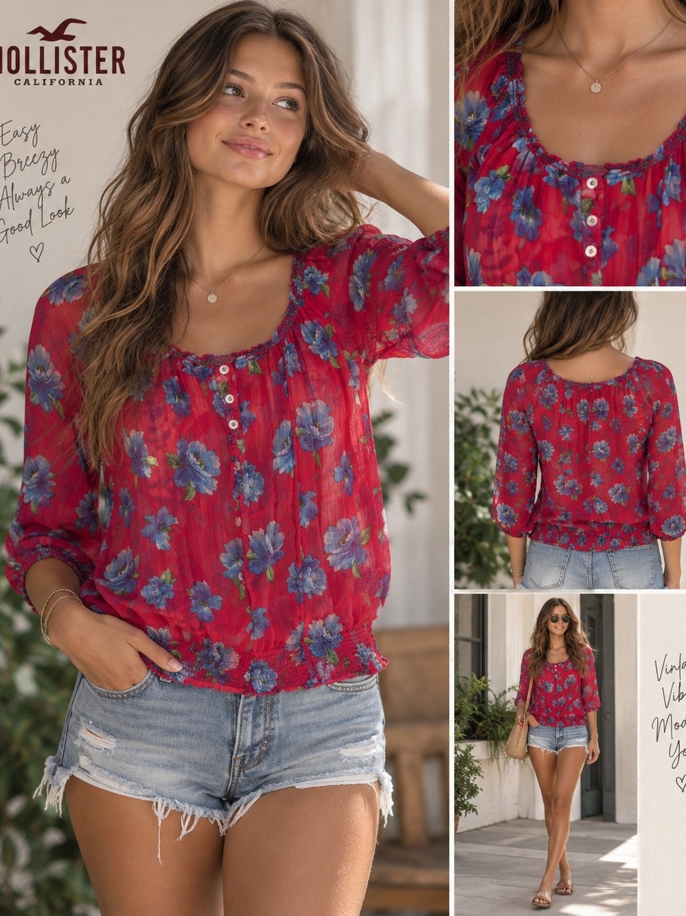 Hollister Red Floral Scoop-Neck Boho Blouse